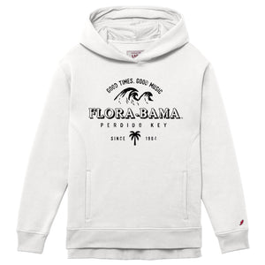 A white hoodie with 'Flora-Bama' text and a palm tree graphic with waves on the front.
