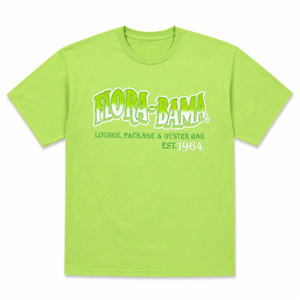Green t-shirt with 'Flora-Bama' logo and text on a white background