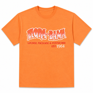 Orange t-shirt with 'Flora-Bama' logo and text on a white background