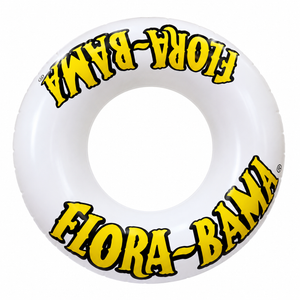 white inflatable round pool float with flora bama logo in yellow and black