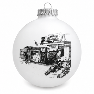 white ornament with black sketch of old florabama building