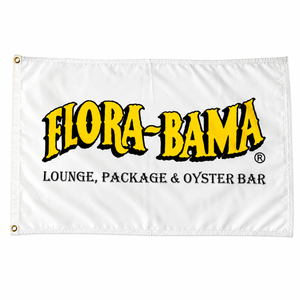 Flora-Bama lounge, package & oyster bar flag with yellow text on a white background