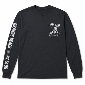 Black long-sleeve shirt with 'Flora-Bama Yacht Club' design on a white background