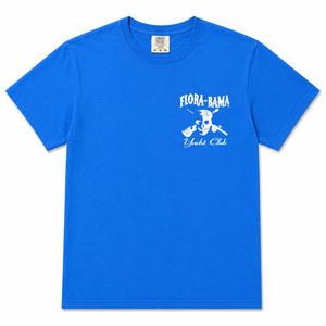 Blue t-shirt with white graphic and text on a white background