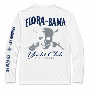 White long-sleeve shirt with 'Flora-Bama Yacht Club' graphic and skull design on a white background