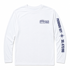 White long-sleeve shirt with flora bama logo on front left chest