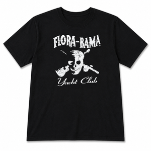 Black t-shirt with 'Flora-Bama Yacht Club' graphic design on a white background