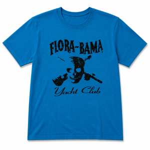 Blue t-shirt with black 'Flora-Bama Yacht Club' graphic on a white background