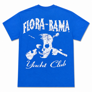 Blue t-shirt with 'Flora-Bama Yacht Club' design on a white background