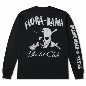 Black long-sleeve shirt with 'Flora-Bama Yacht Club' design on a white background