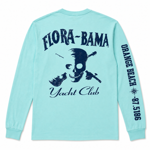 Light blue long-sleeve shirt with 'Flora-Bama Yacht Club' text and skull design on a white background