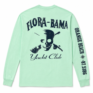 Light green long-sleeve shirt with 'Flora-Bama Yacht Club' design on a white background