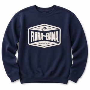 Navy blue sweatshirt with 'Flora-Bama' logo on a white background