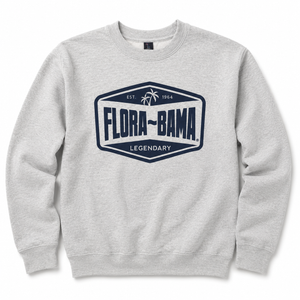 Gray sweatshirt with 'Flora-Bama' logo on a white background