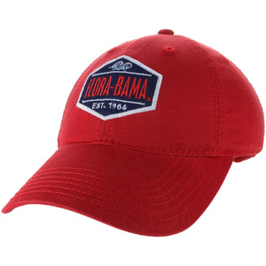 red hat with flora bama on blue patch outlined in white on front