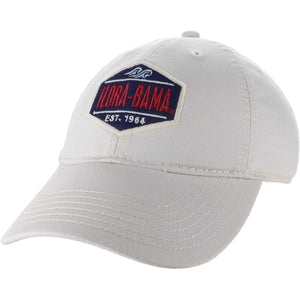 white hat with flora bama on blue patch outlined in white on front