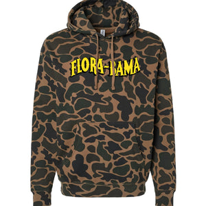 Camouflage hoodie with 'Flora Bama' text 