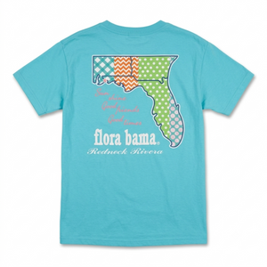 Turquoise t-shirt with a colorful Florida map graphic and 'flora bama' text on a white background