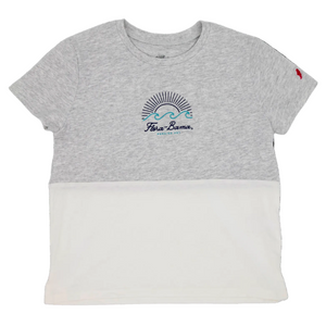 Gray and white t-shirt with sun, waves and flora bama script text on the front