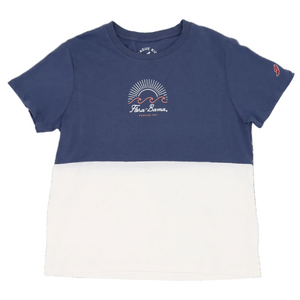 blue and white t-shirt with sun, waves and flora bama script text on the front