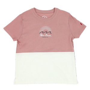 pink and white t-shirt with sun, waves and flora bama script text on the front