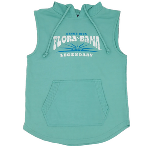 teal sleeveless hoodie with 'Flora-Bama' in white across the chest