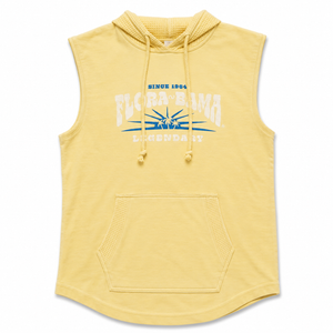 Yellow sleeveless hoodie with branding on a white background