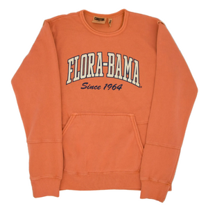Orange sweatshirt with 'Flora-Bama Since 1964' text in white