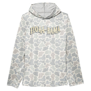 A long-sleeve hooded shirt with a gray and beige camouflage pattern, featuring 'FLORA-BAMA' printed across the chest in a stylized beige font.