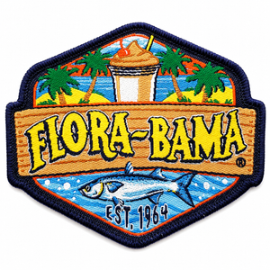 Patch with 'Flora-Bama' logo featuring a beach scene, palm trees, and a drink.