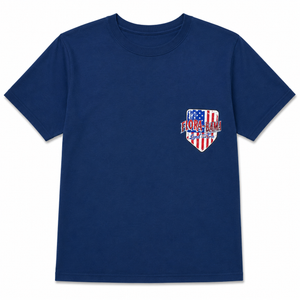 Blue t-shirt with a shield-shaped logo featuring an American flag and text on a white background