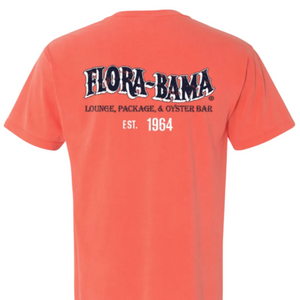 coral t-shirt with 'Flora-Bama' logo in navy on the back