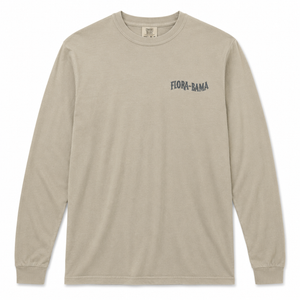 Beige long-sleeve shirt with 'Flora-Bama' text on a white background