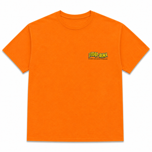Orange t-shirt with a logo on the chest against a white background