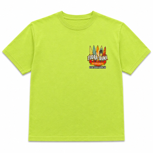 Lime green t-shirt with a colorful graphic on a white background