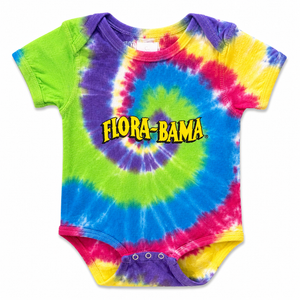 Tie-dye baby onesie with 'Flora-Bama' text on a white background