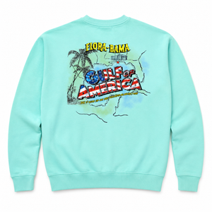 A light aqua crewneck sweatshirt shown from the back, featuring a colorful graphic print with the text 'ELORA-BANA' and 'GULF OF AMERICA' along with palm trees and a map outline.