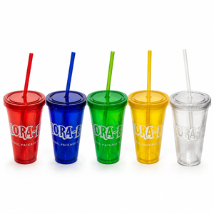 Five translucent plastic tumblers with lids and straws in red, blue, green, yellow, and clear, lined up side by side on a white background. Each cup is printed with the Flora-Bama logo