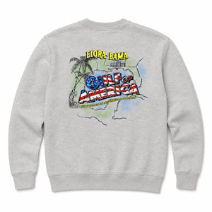 A light heather gray crewneck sweatshirt shown from the back, featuring a colorful graphic print of Florida with the text 'FLORA-BAMA' and 'GULF OF AMERICA'.