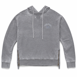 A gray acid-wash cropped hoodie with drawstrings, side zippers, and a small arched 'BAYFORD 1861' graphic on the left chest, shown flat on a white background.