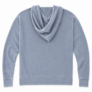 A light blue-gray heathered hooded sweatshirt shown from the back, featuring a wide, draped hood with a textured, gathered edge and ribbed cuffs and hem, on a solid white background.