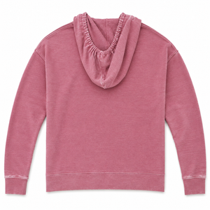 A dusty rose pink hooded sweatshirt with a unique gathered, ruched neckline, displayed flat against a solid white background.