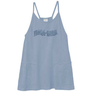 A light blue sleeveless camisole dress with thin shoulder straps, a tonal 'HOLA BAMA' graphic across the chest, and two front patch pockets, shown against a plain white background.