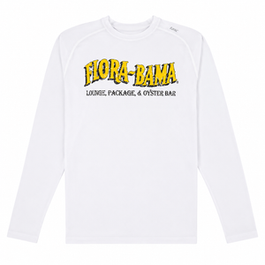 White long-sleeve shirt with 'Flora-Bama' logo on a white background