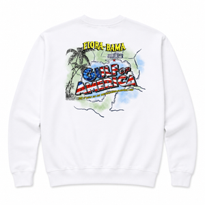A white crewneck sweatshirt shown from the back, featuring a colorful graphic print of the Florida peninsula with palm trees, the text 'FLORA-BANA' in yellow, and 'GULF OF AMERICA' in red, white, and blue.
