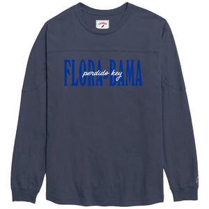 A navy blue long-sleeve t-shirt with 'FLORA BAMA' printed in blue block letters and 'perdido key' in white cursive across the chest, shown on a plain white background.