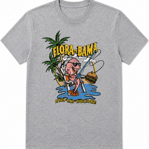 A heather gray short-sleeve crewneck t-shirt featuring a colorful cartoon graphic of a pink fisherman character in a tropical setting with the text 'FLORA-BAMA' and 'TAMPA, FL. HOLLANDER!'.