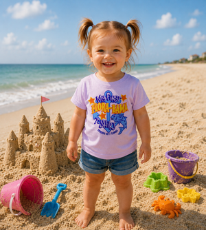 child on the beach in a white t-shirt with 'My First Flora-Bama' printed in blue and yellow lettering, featuring an anchor graphic and text.