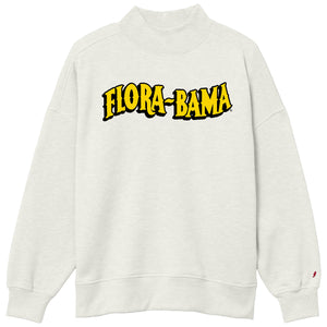 White sweatshirt with 'Flora-Bama' text in yellow on a white background