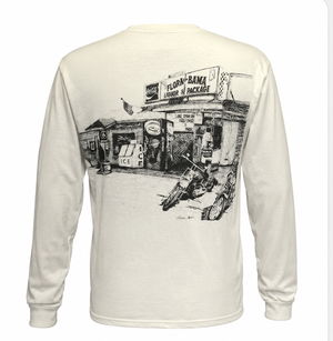 white long-sleeve tshirt with black sketch of old flora bama building. 